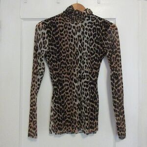GANNI mesh leopard long sleeve turtle neck top